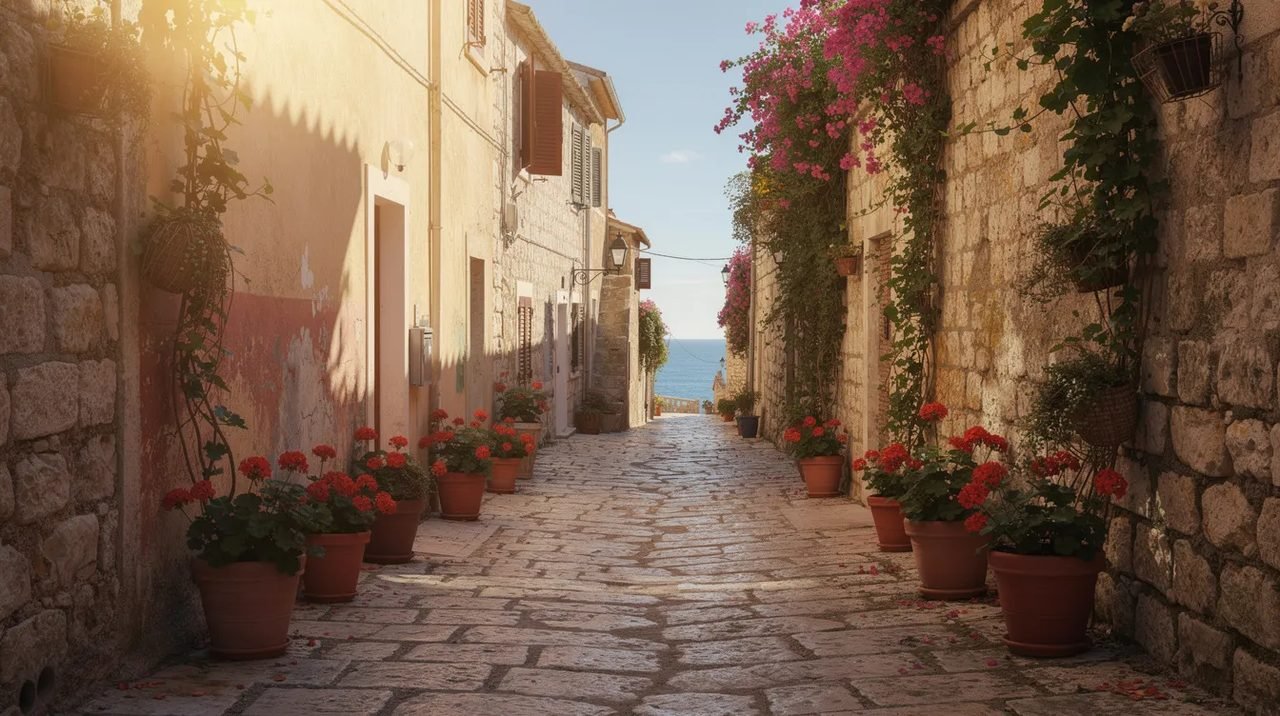 Um estreito beco de pedra em uma antiga cidade mediterrânea, adornado com vasos de flores coloridas, é banhado pela luz quente do sol, criando sombras suaves. Este cenário encantador remete à rica história e cultura da Croácia, um país conhecido por suas paisagens deslumbrantes e patrimônio da UNESCO.