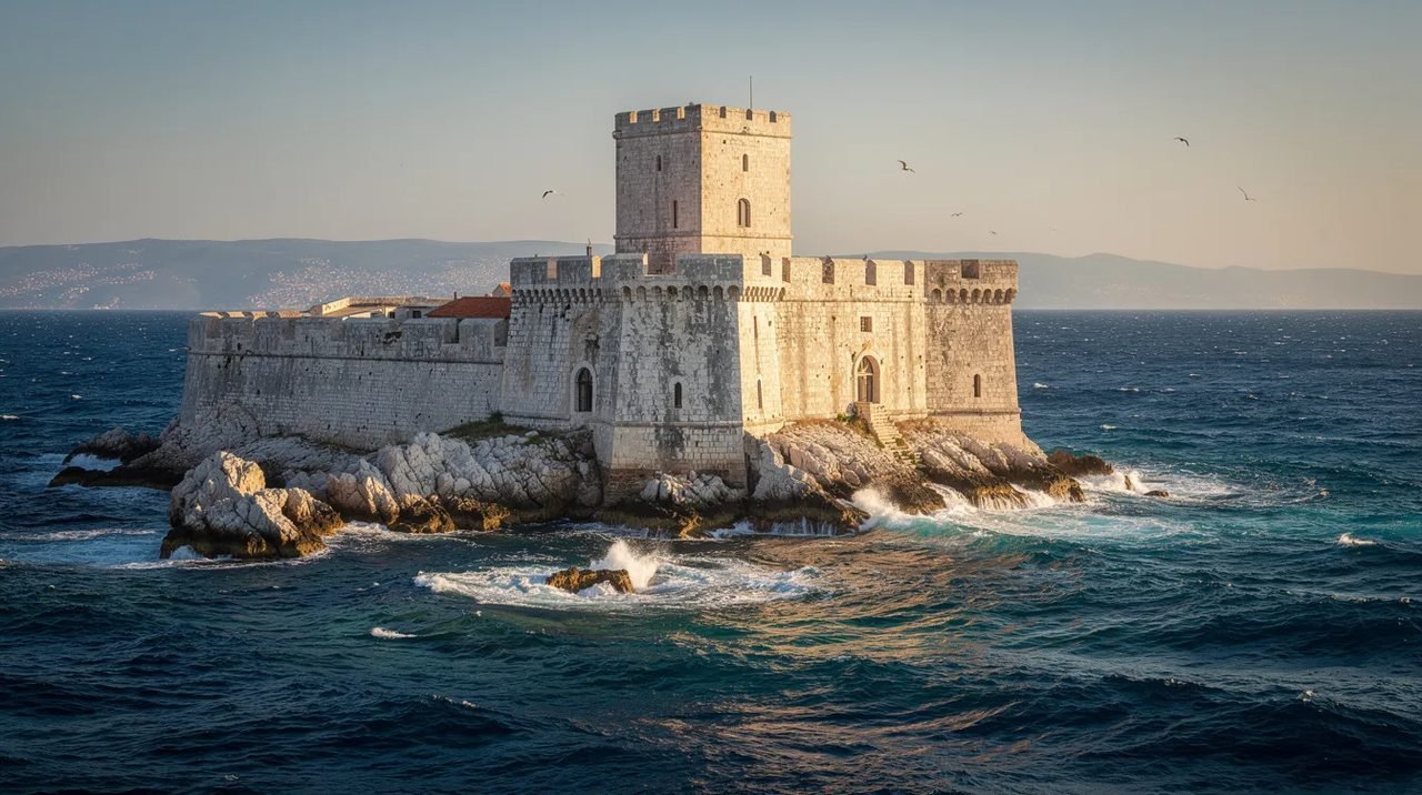 A imagem mostra uma imponente fortaleza de pedra situada em uma pequena ilha, cercada pelas águas profundas e azuis do mar Adriático. Este local, que é um patrimônio mundial da UNESCO, oferece vistas deslumbrantes e remete à rica história da Croácia.