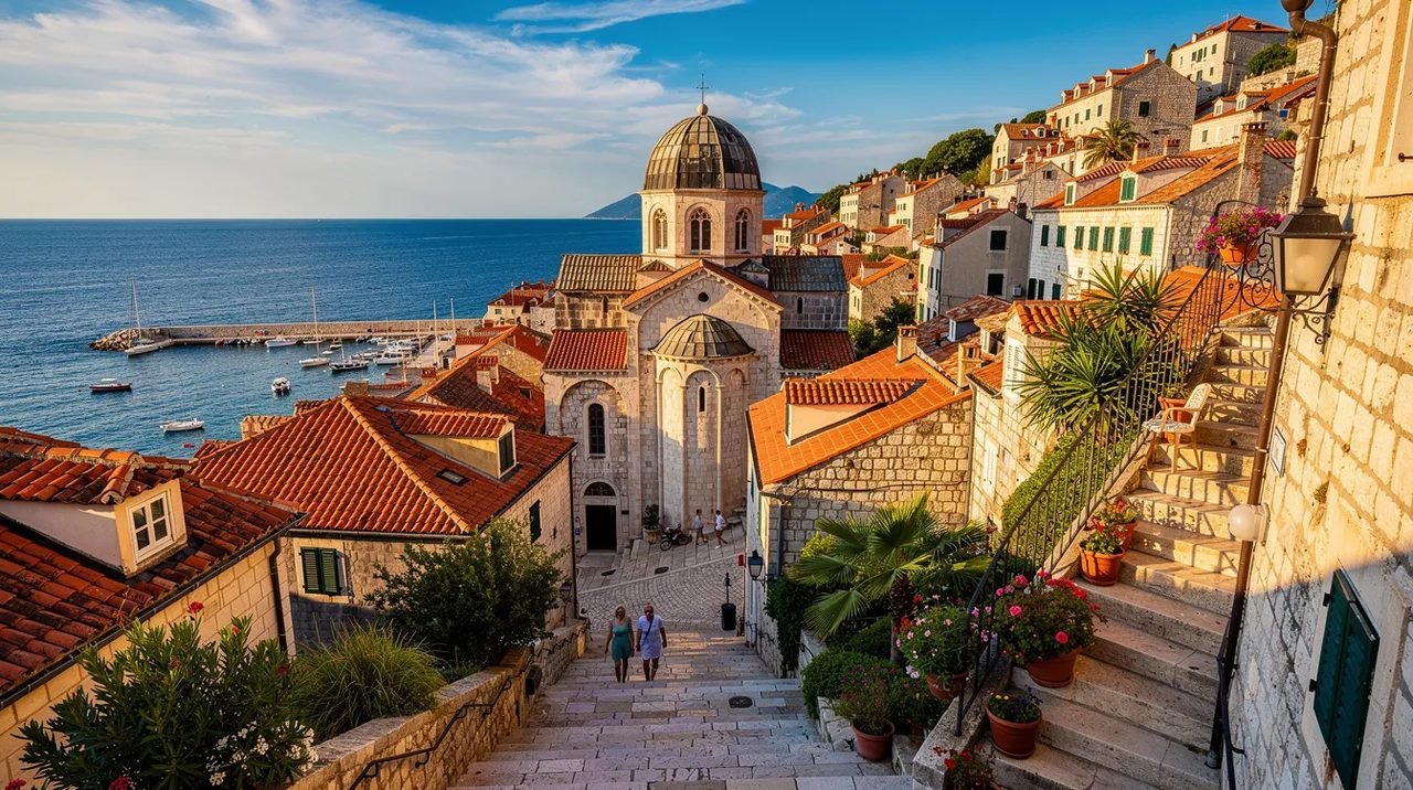 A imagem mostra uma vista deslumbrante da cidade de Šibenik, na Croácia, durante o verão, com suas fortificações históricas e o mar Adriático ao fundo. Este local é um Patrimônio Mundial da UNESCO, conhecido por suas belas praias e clima mediterrâneo.