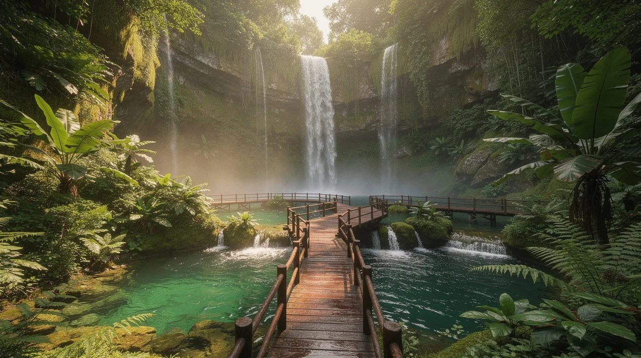 Imagem de cachoeiras em cascata fluindo por uma vegetação verdejante, com passarelas de madeira cruzando águas em um tom esmeralda. Este cenário natural, que pode ser encontrado na Croácia, destaca a beleza dos parques e sítios classificados como Patrimônio Mundial da UNESCO, como o Parque Nacional Krka.