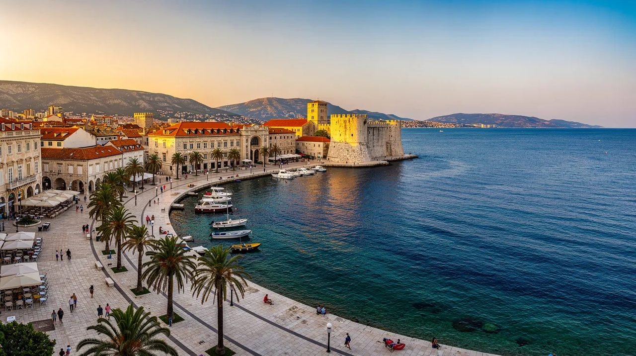 Vista panorâmica da orla de Split, na Croácia, com o icônico Palácio de Diocleciano ao fundo e o mar Adriático em tons de azul intenso, refletindo a beleza da cultura e história da região. A imagem captura a atmosfera vibrante desta cidade litorânea, um destino popular para turistas que buscam explorar a rica herança croata.