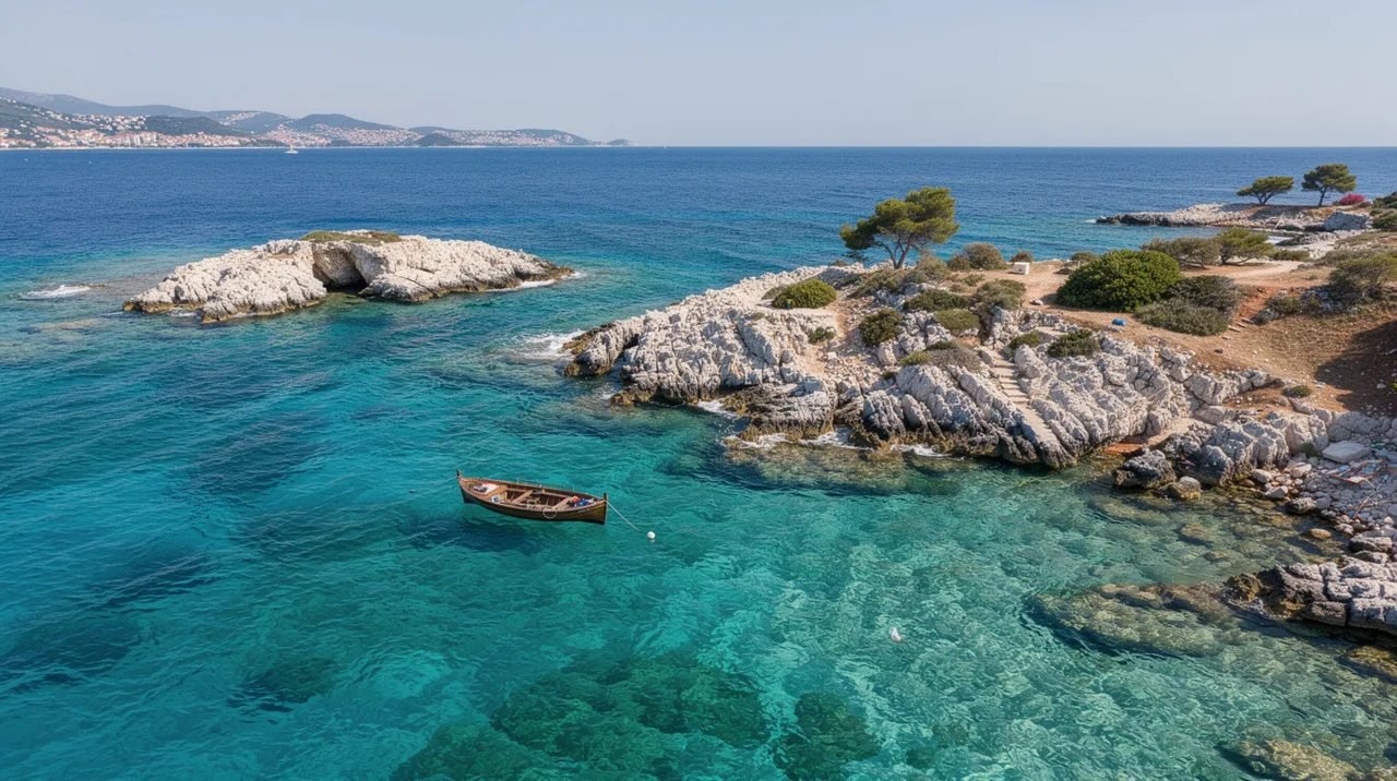 Imagem de águas cristalinas turquesa cercando pequenas ilhas rochosas na costa da Croácia, com um barco de madeira ancorado em primeiro plano. O cenário reflete a beleza natural do mar Adriático e é um destino popular para turistas que buscam explorar a cultura croata e suas paisagens deslumbrantes.