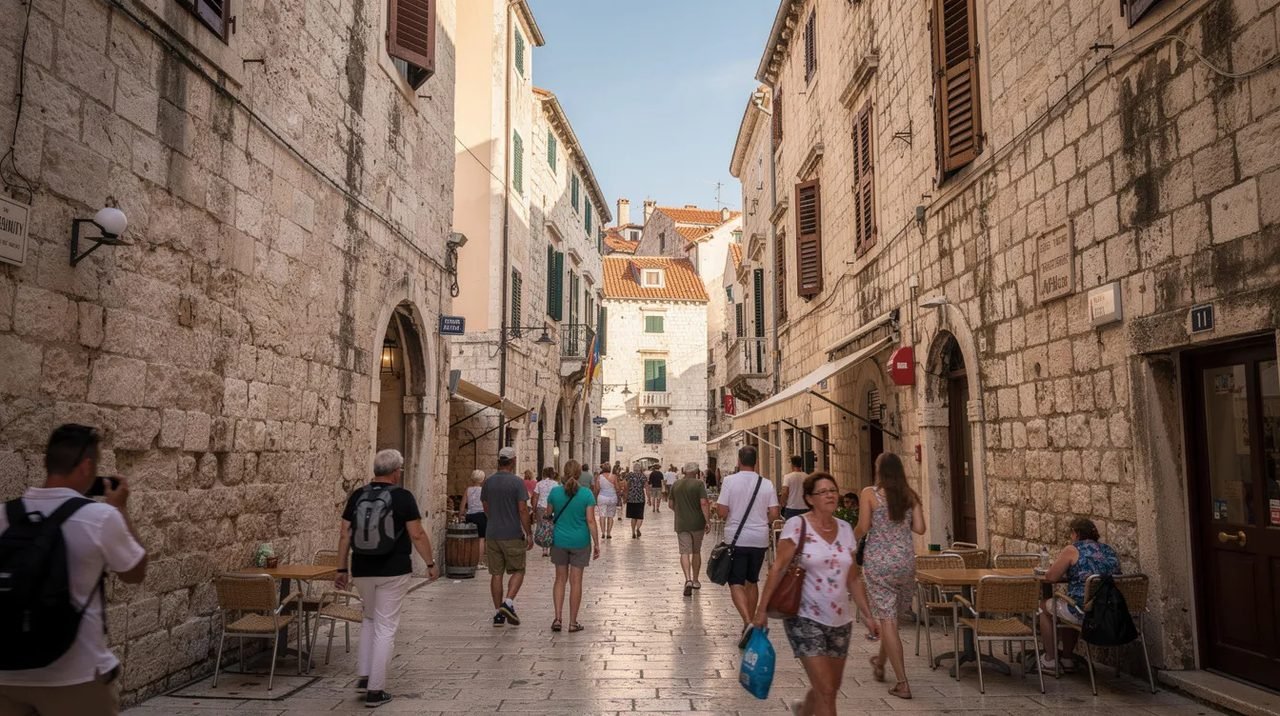 A imagem mostra uma rua movimentada dentro das muralhas antigas de Split, na Croácia, onde moradores e turistas caminham entre construções de pedra históricas. O ambiente reflete a rica cultura e história da cidade, que é um destino popular no Mar Adriático.