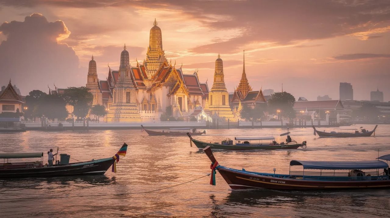A imagem mostra templos dourados ao entardecer, refletindo a luz suave do sol poente, com o rio Chao Phraya ao fundo. Barcos tradicionais tailandeses navegam tranquilamente nas águas, simbolizando a rica cultura e o turismo na Tailândia.
