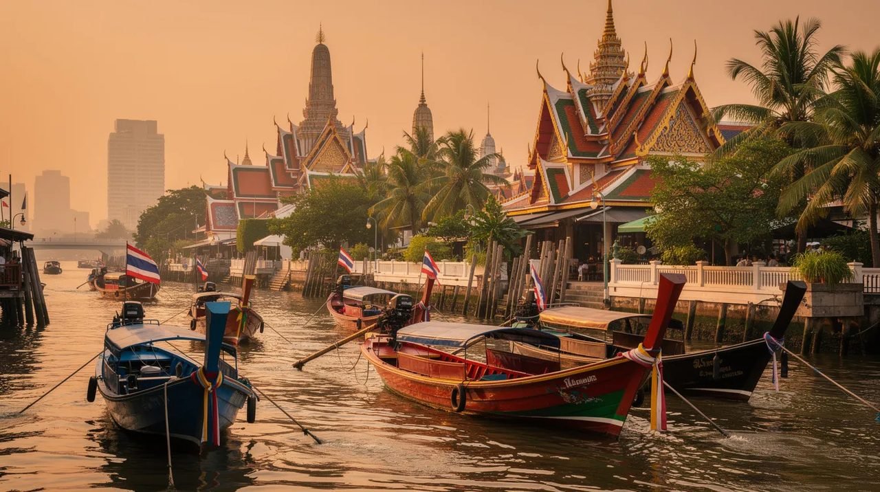 A imagem mostra longtail boats coloridos navegando em um canal de Bangkok, com templos tradicionais ao fundo, refletindo a vibrante cultura tailandesa. Este cenário é um exemplo perfeito de turismo na Tailândia, destacando a beleza dos pontos turísticos da cidade.