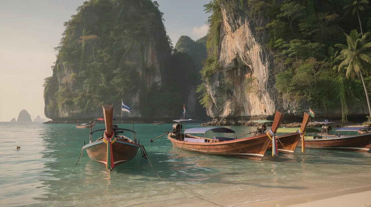 A imagem mostra barcos longtail ancorados em uma baía de águas turquesa, cercada por imponentes paredões rochosos cobertos de vegetação tropical, típica da Tailândia. Este cenário paradisíaco é um convite ao turismo e às atividades ao ar livre, refletindo a beleza natural da região de Krabi.