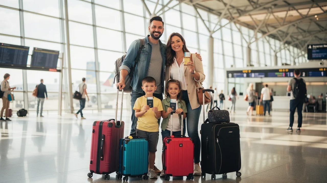 Uma família sorridente está em um aeroporto internacional, cercada por malas de viagem, demonstrando confiança e felicidade enquanto se prepara para embarcar em uma nova aventura. O ambiente reflete a segurança e a expectativa de um destino emocionante.