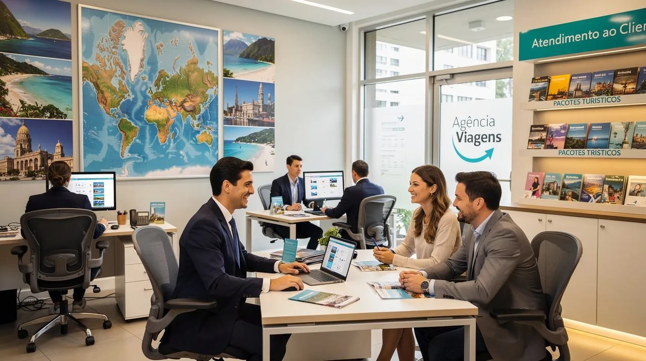 Imagem de um escritório profissional de uma agência de viagens, onde consultores atendem clientes em mesas organizadas, transmitindo confiança e segurança. O ambiente é moderno e bem iluminado, refletindo a reputação da agência e seu compromisso em fornecer informações confiáveis sobre destinos e preços.