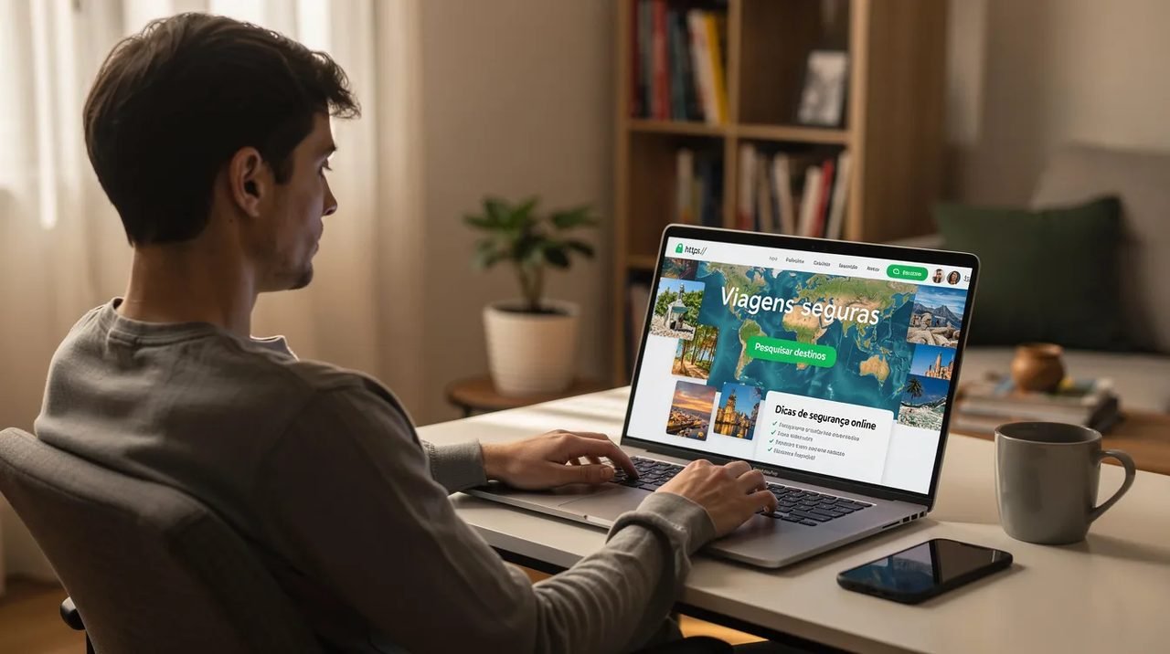 Uma pessoa está sentada em casa, usando um notebook para pesquisar viagens de forma segura, analisando informações sobre destinos e preços em sites confiáveis. A imagem transmite a ideia de confiança e segurança na busca por ofertas e serviços de turismo.