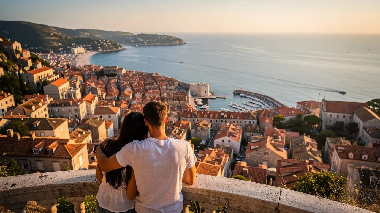 Um casal está admirando a vista panorâmica de uma cidade costeira europeia, com o mar ao fundo e edifícios históricos à vista, enquanto desfrutam de suas férias. A cena transmite uma sensação de confiança e felicidade, refletindo a segurança de um destino confiável para viagens.