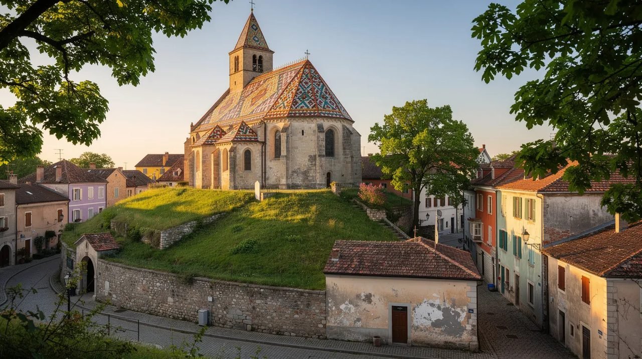 A imagem mostra uma igreja com telhado de azulejos coloridos, situada em uma colina europeia, cercada por construções históricas e árvores. Essa cena remete ao charme do centro histórico de cidades como Dubrovnik, na Croácia, onde a arquitetura medieval se destaca.