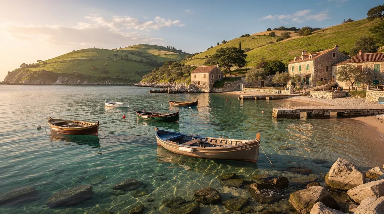 A imagem mostra barcos de madeira ancorados em uma enseada de águas cristalinas, rodeada por colinas verdes e construções de pedra, refletindo a beleza natural da Croácia. Este cenário tranquilo evoca a atmosfera relaxante de uma cidade costeira, típica do mar Adriático.