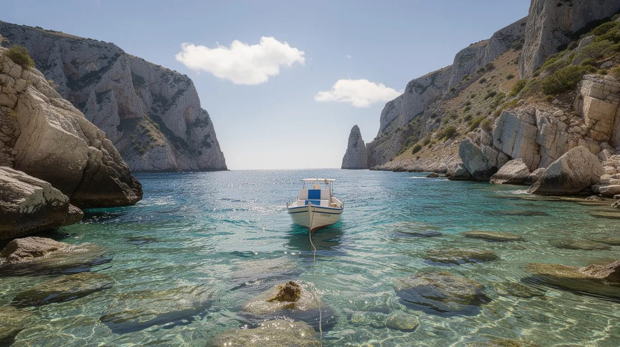 Um barco navega em águas turquesas cristalinas, cercado por formações rochosas de uma encantadora ilha grega, refletindo a beleza do clima mediterrâneo e a rica cultura da Grécia. A cena evoca um destino de viagem perfeito, ideal para explorar as maravilhas do mar Egeu.