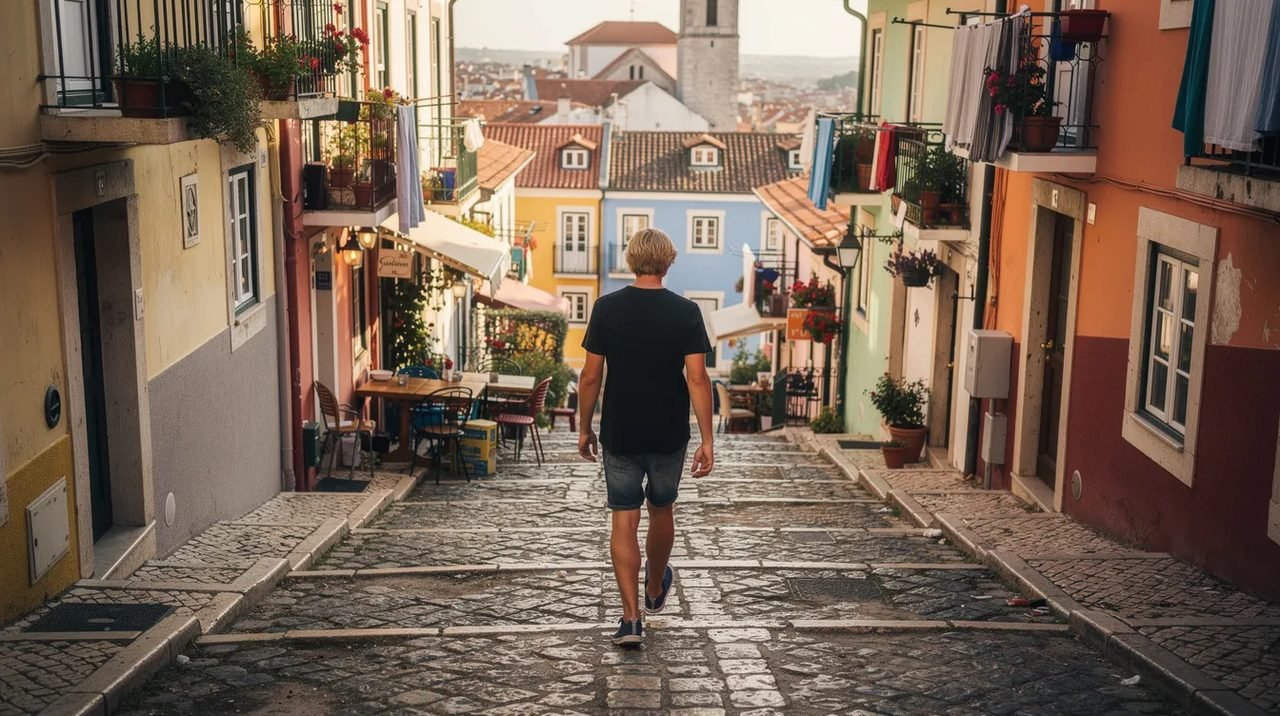 Um bonde amarelo sobe uma rua estreita e colorida em uma cidade europeia, cercado por edifícios vibrantes e cheios de charme. A cena captura a essência de um destino turístico encantador, perfeito para quem busca experiências inesquecíveis em suas viagens.