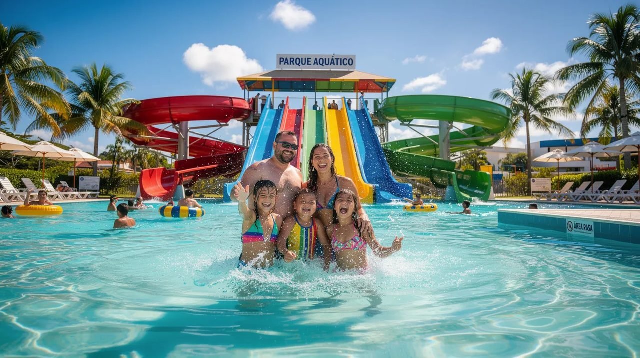 Uma família se diverte em um parque aquático, cercada por toboáguas coloridos e piscinas, sob um céu azul radiante. O ambiente é ideal para momentos de diversão e lazer, proporcionando uma experiência refrescante para todas as idades.