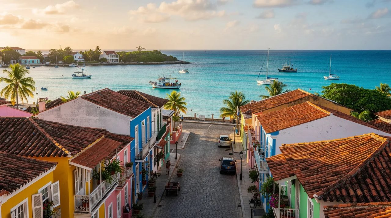 Vista panorâmica de casas coloniais coloridas em Willemstad, capital de Curaçao, à beira de uma baía caribenha com águas azul turquesa e barcos ancorados, refletindo a diversidade cultural e o charme deste destino paradisíaco.