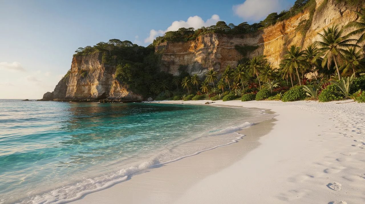 Imagem de uma praia paradisíaca em Curaçao, com areia branca e água cristalina em tons de azul turquesa e verde, cercada por falésias e vegetação tropical ao fundo, ideal para turistas em busca de experiências únicas no Caribe.