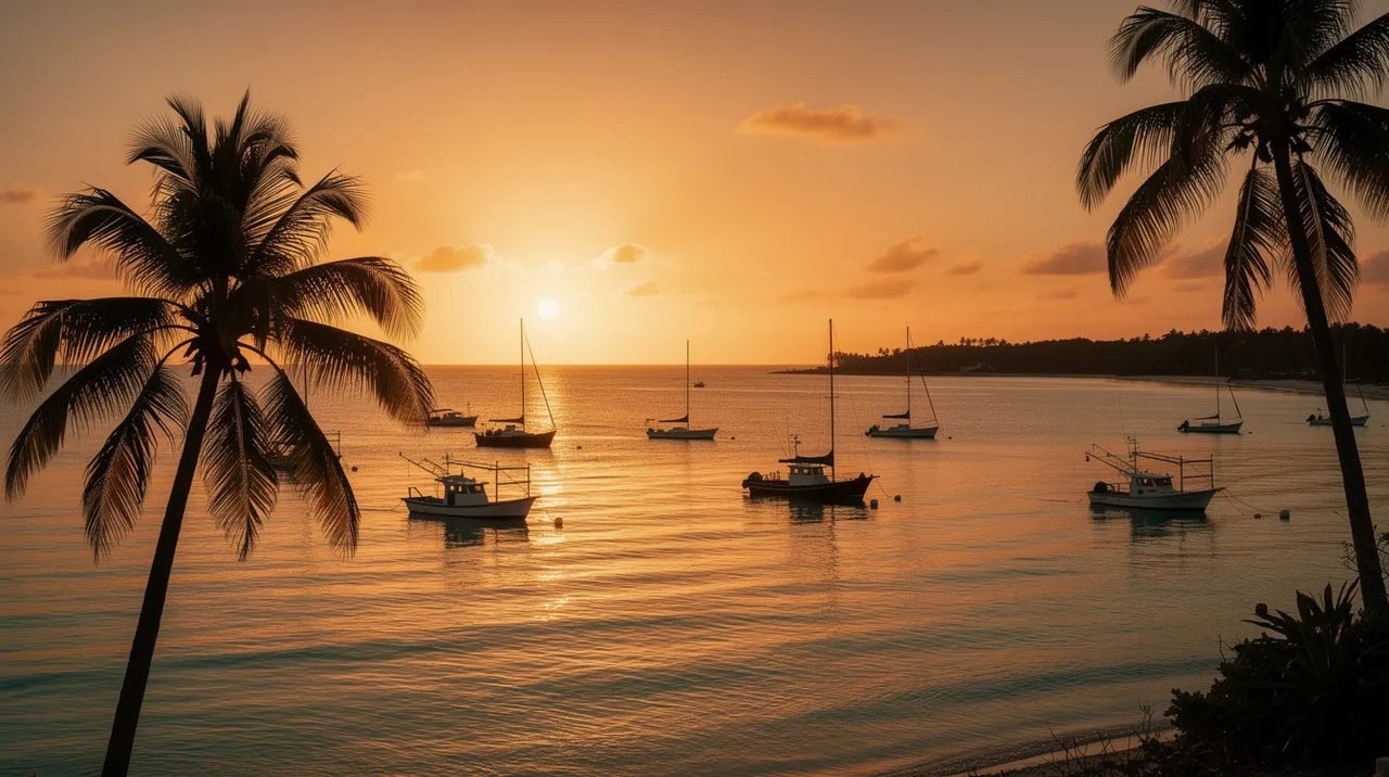 Um pôr do sol dourado ilumina uma baía caribenha, com silhuetas de barcos e palmeiras se destacando contra o céu colorido. Este cenário paradisíaco é típico da ilha de Curaçao, um destino popular no Caribe conhecido por suas praias de águas azul turquesa e rica diversidade cultural.