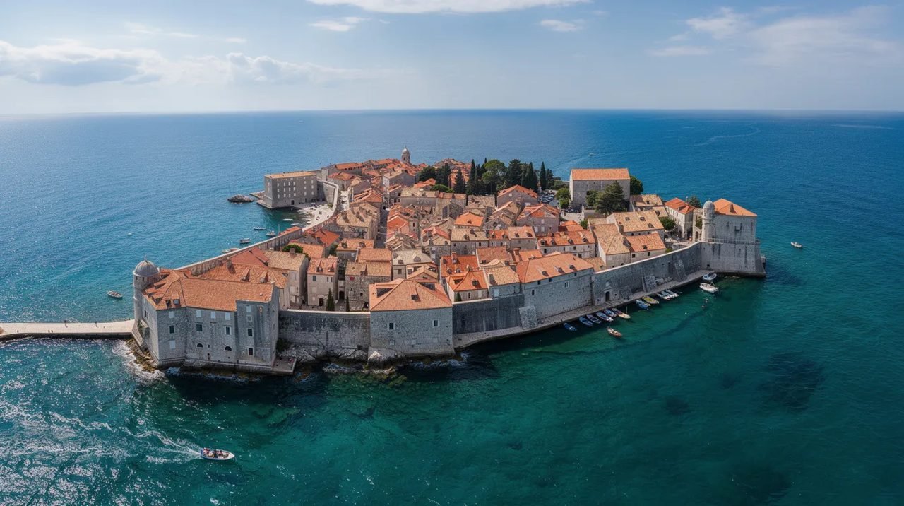 Vista aérea da península histórica de Zadar, na Croácia, com telhados de terracota contrastando com o mar azul-turquesa ao redor. A imagem captura a beleza do centro histórico, onde se destacam a Igreja de São Donato e outras atrações, refletindo a rica história da cidade.