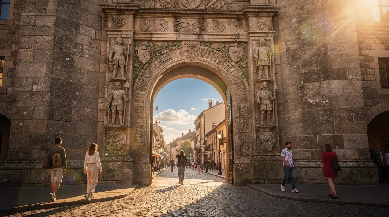 Imagem de um portão de pedra medieval, ricamente esculpido, cercado por pessoas caminhando em um dia ensolarado. O cenário remete ao centro histórico de Zadar, na Croácia, onde a arquitetura antiga se mistura com a vida cotidiana.