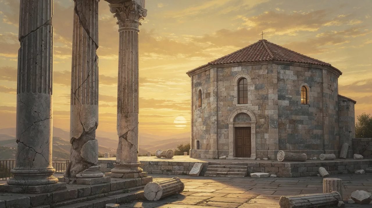 A imagem apresenta colunas romanas antigas em primeiro plano, ao lado da igreja circular de São Donato, com um céu dourado ao fundo, refletindo a rica história de Zadar, na Croácia. O cenário evoca a atmosfera do centro histórico, destacando a beleza arquitetônica e a conexão com o passado da cidade.