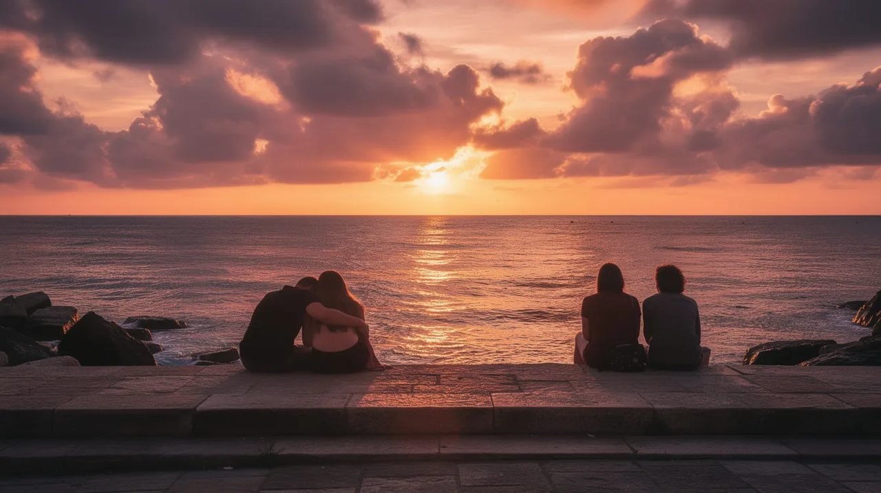 Um pôr do sol espetacular ilumina o mar Adriático, enquanto silhuetas de pessoas sentadas em degraus de pedra à beira-mar criam uma cena tranquila e acolhedora. Ao fundo, a cidade histórica de Zadar, na Croácia, é emoldurada pela luz suave do sol poente.