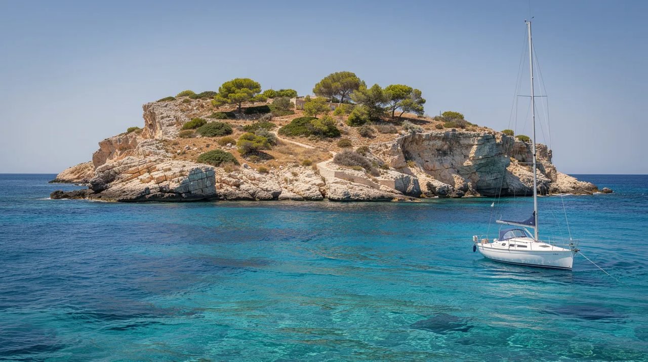 Um barco navega em águas cristalinas azul-turquesa, próximo a uma ilha rochosa coberta por vegetação mediterrânea, evocando a beleza natural da Croácia. A cena remete a um dia ensolarado, perfeito para férias de verão na região do Mar Adriático.