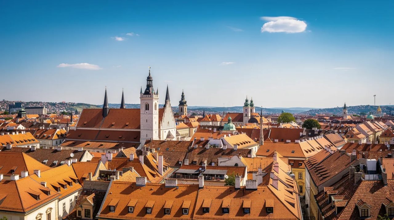 Vista panorâmica da Cidade Alta de Zagreb, na Croácia, com seus telhados alaranjados e as torres das igrejas destacando-se sob um céu azul claro. A imagem captura a beleza histórica da capital croata, evidenciando a arquitetura marcante da região.