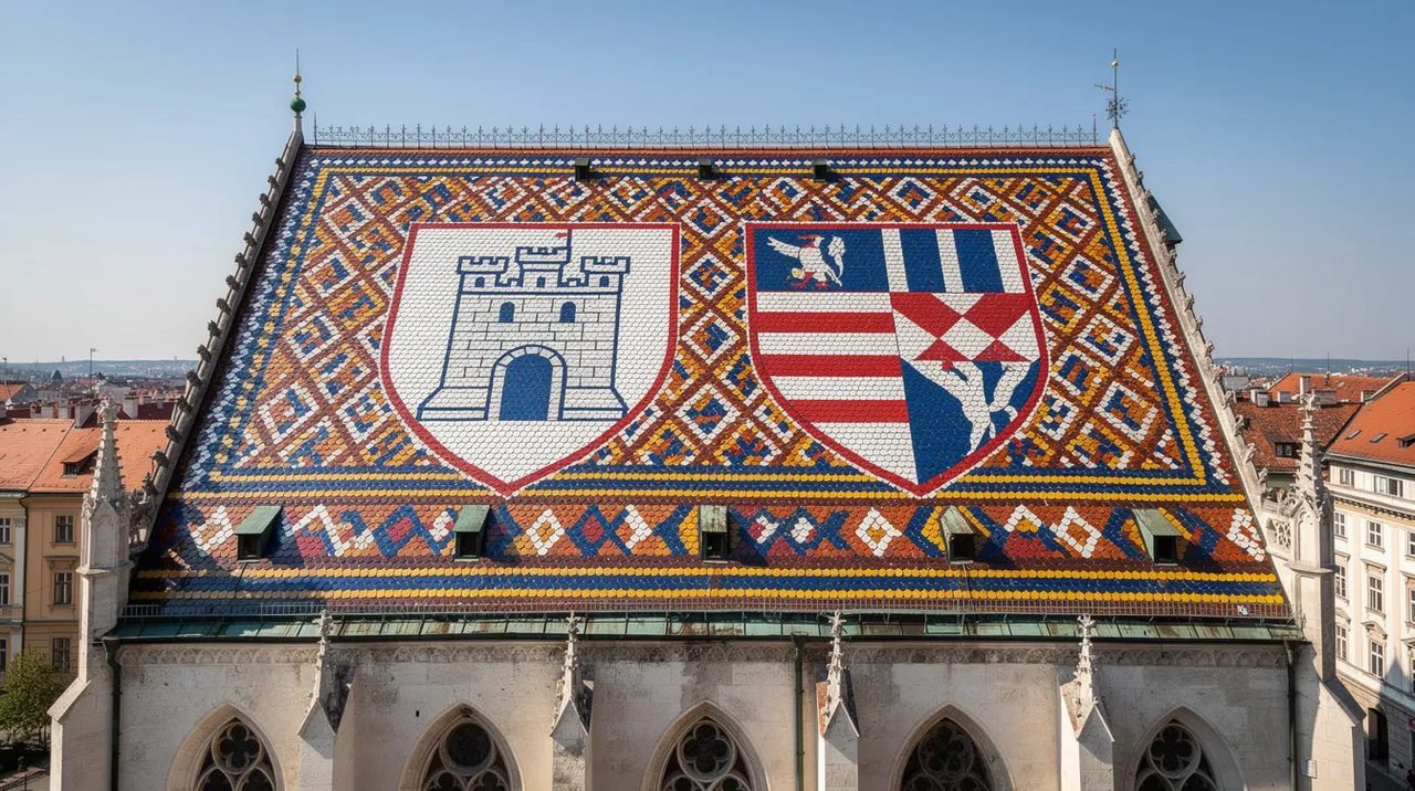 A imagem mostra o telhado colorido da Igreja de São Marcos em Zagreb, adornado com azulejos em um padrão que representa brasões medievais. Este icônico monumento, localizado na Praça de São Marcos, é um símbolo da capital da Croácia e reflete a rica história e cultura da cidade.
