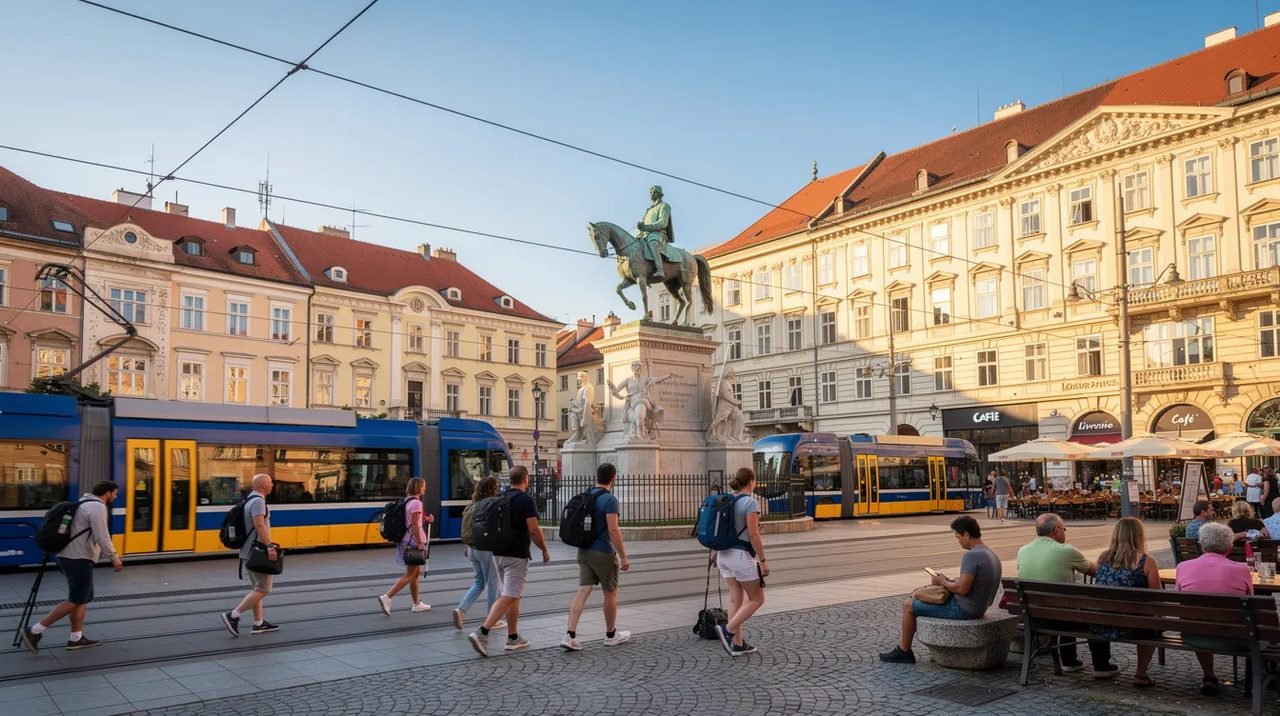A imagem mostra a Praça Ban Jelačić em Zagreb, Croácia, com bondes passando e pessoas caminhando sob um céu ensolarado. Este local é um ponto central da cidade, cercado por edifícios históricos e áreas verdes, refletindo a vibrante vida urbana da capital croata.