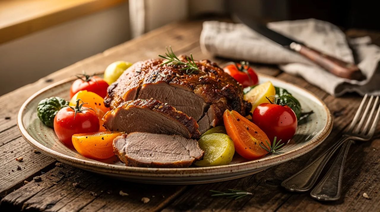 Imagem de um prato tradicional croata, apresentando carne assada suculenta acompanhada de vegetais coloridos, disposto em uma mesa rústica de madeira que evoca a cultura da Croácia. O ambiente sugere um clima acolhedor, ideal para apreciar a rica gastronomia do país.