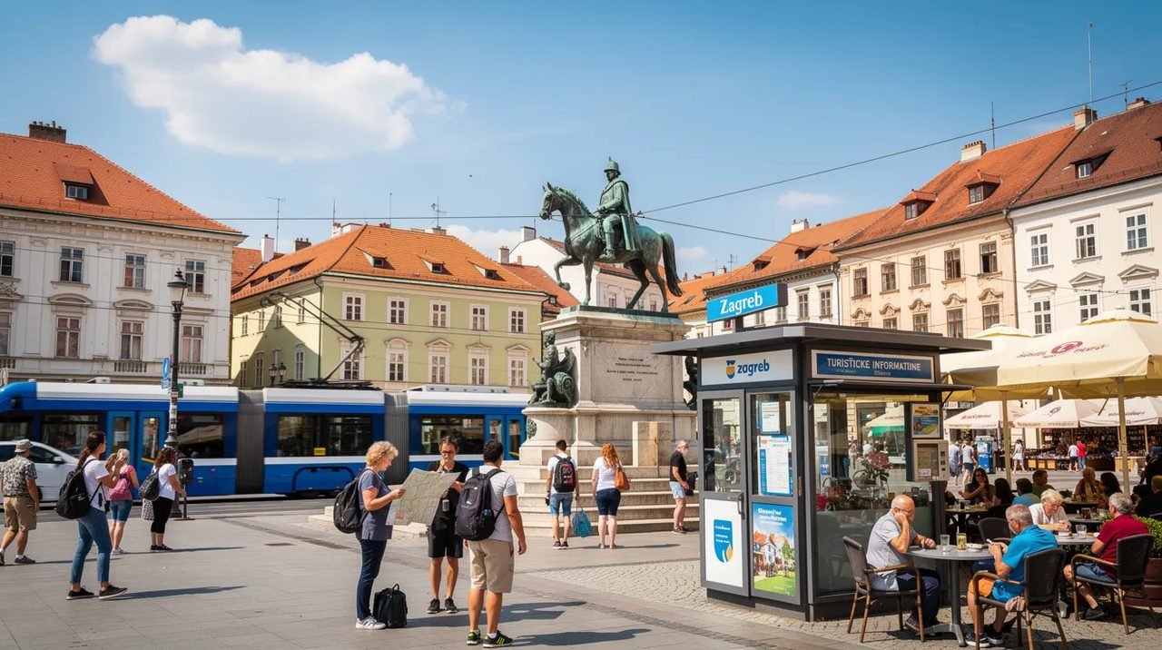 A imagem retrata um vibrante cenário turístico de Zagreb, a capital da Croácia, com destaque para a Praça Ban Jelačić, onde visitantes se reúnem, e a Igreja de São Marcos ao fundo, simbolizando a rica história e cultura da cidade. A cidade alta e baixa se entrelaçam em um ambiente de áreas verdes e arquitetura histórica, fazendo de Zagreb um destino imperdível na Croácia.
