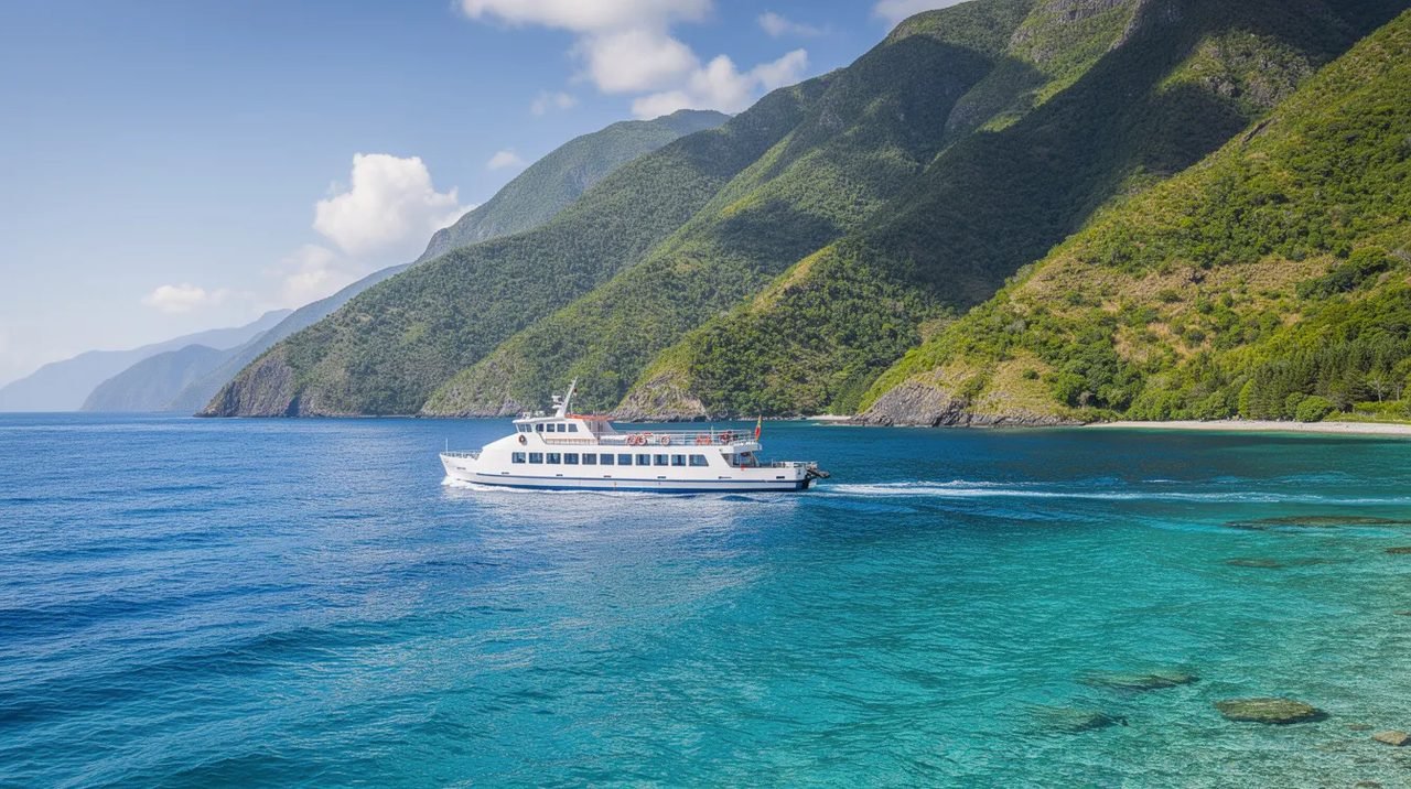 Um ferry branco navega em um mar azul cristalino, com montanhas verdes ao fundo, representando a beleza das ilhas jônicas da Grécia, como Zakynthos. A cena captura a tranquilidade e a vida marinha vibrante da região, ideal para quem busca dicas de viagem e roteiros por praias deslumbrantes.