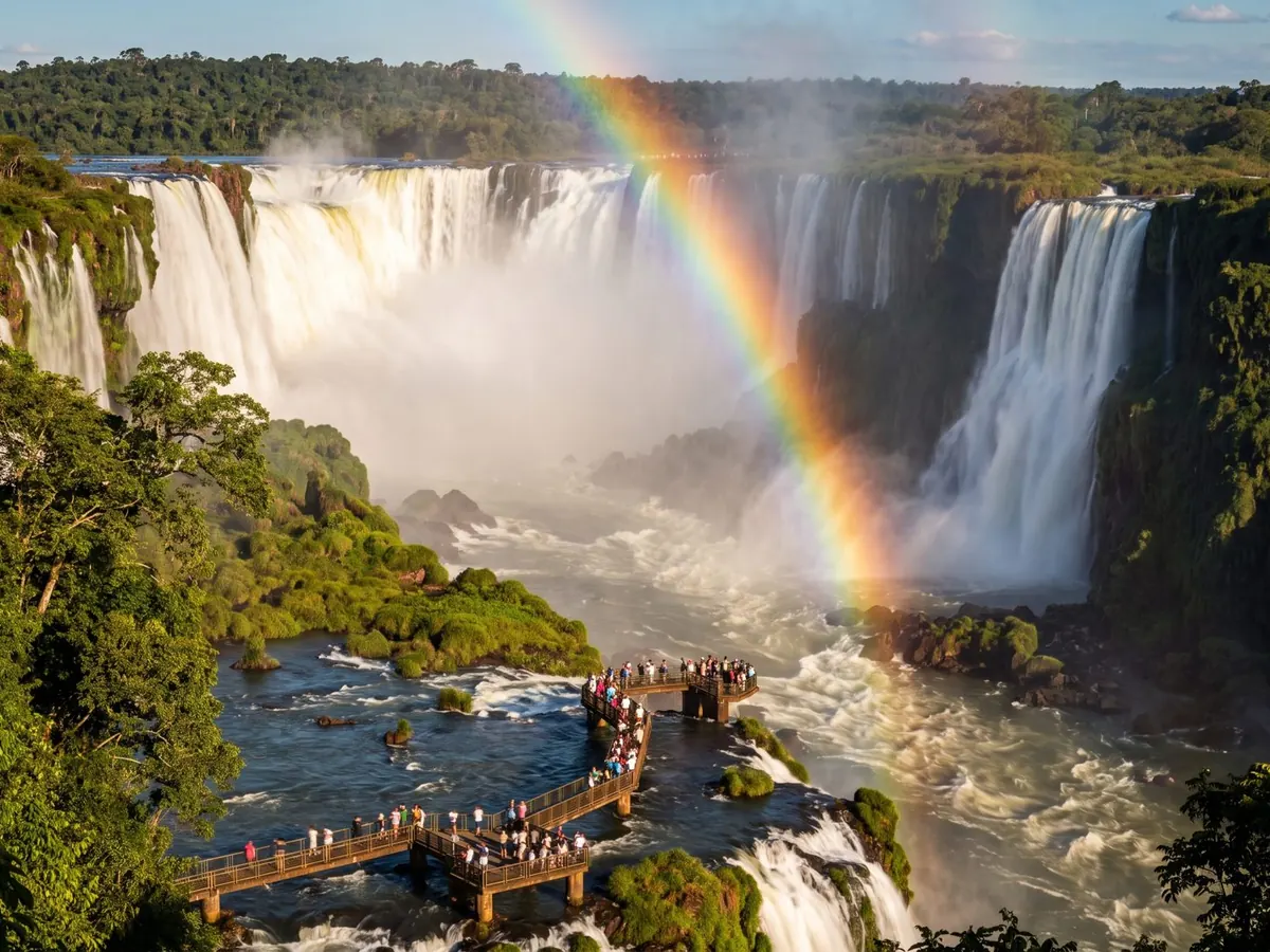 O arco-íris nas Cataratas do Iguaçu, no Brasil