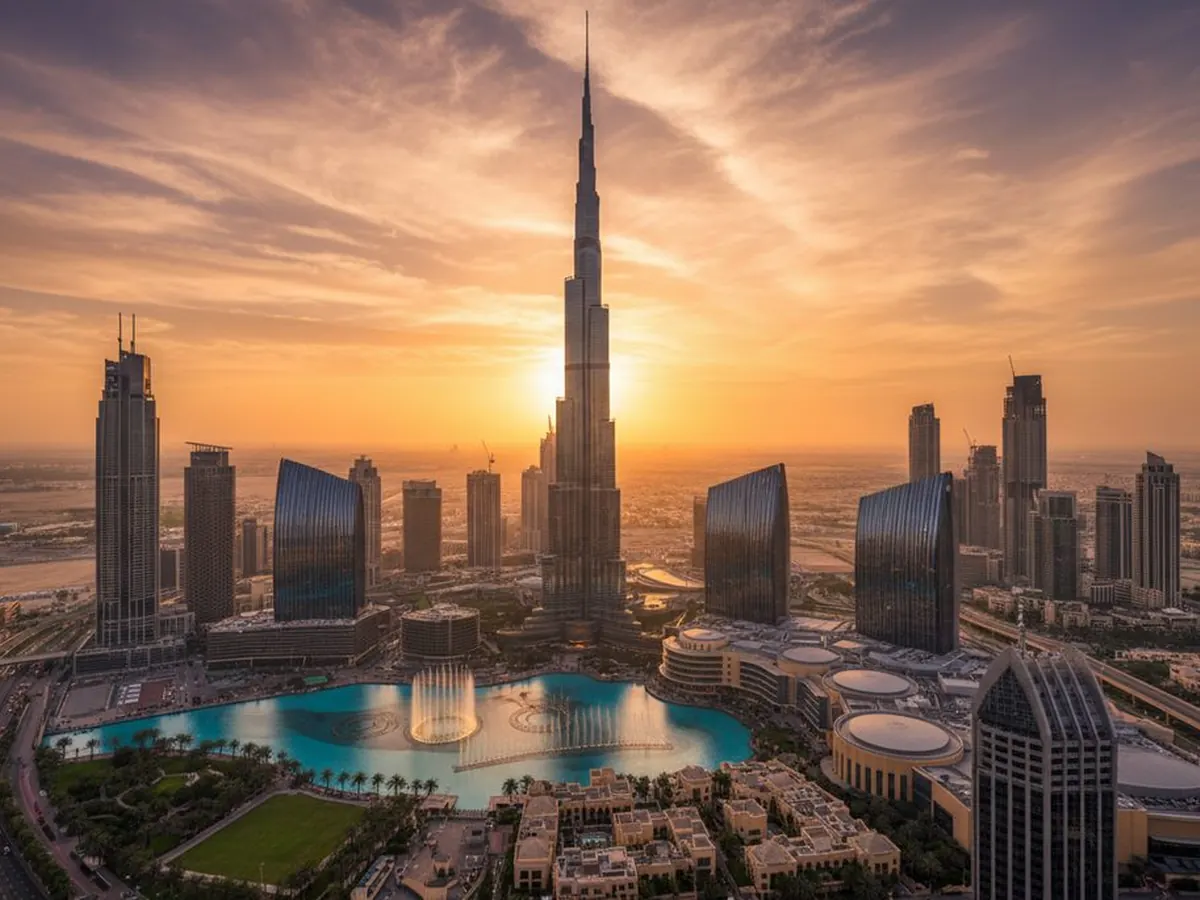 O Burj Khalifa ao pôr do sol, em Dubai, nos Emirados Árabes