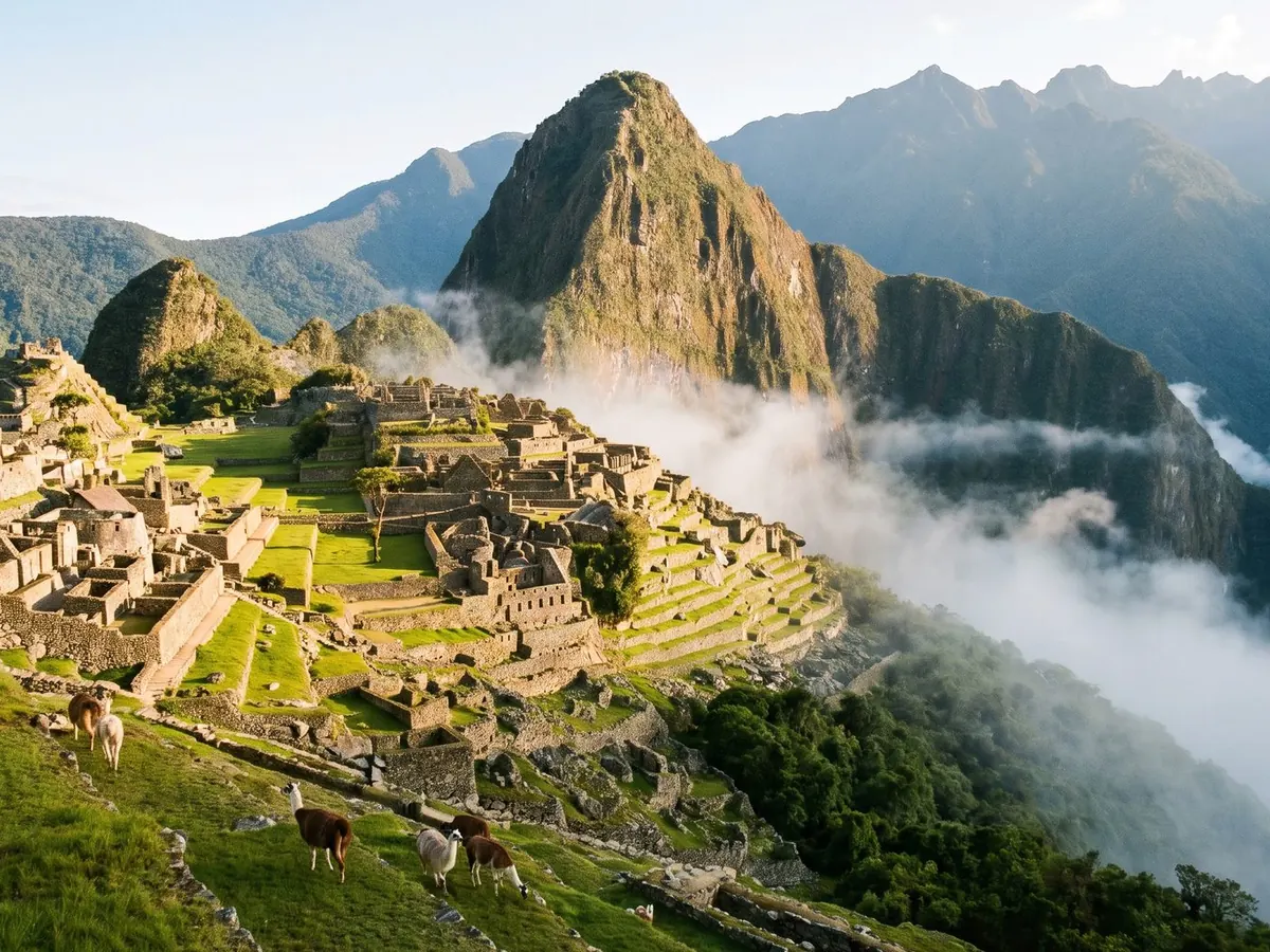 Machu Picchu entre as nuvens, no Peru