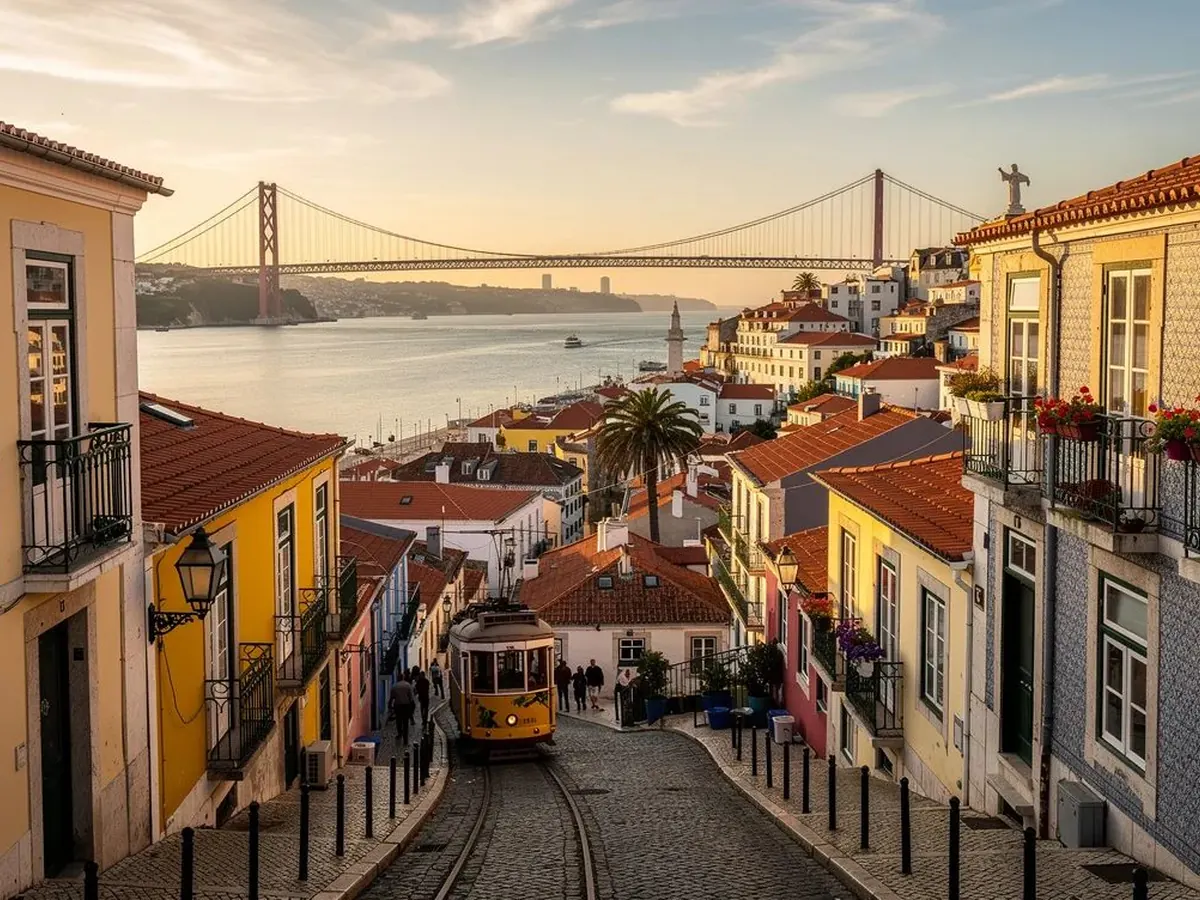 Bonde amarelo e a ponte 25 de Abril em Lisboa, Portugal