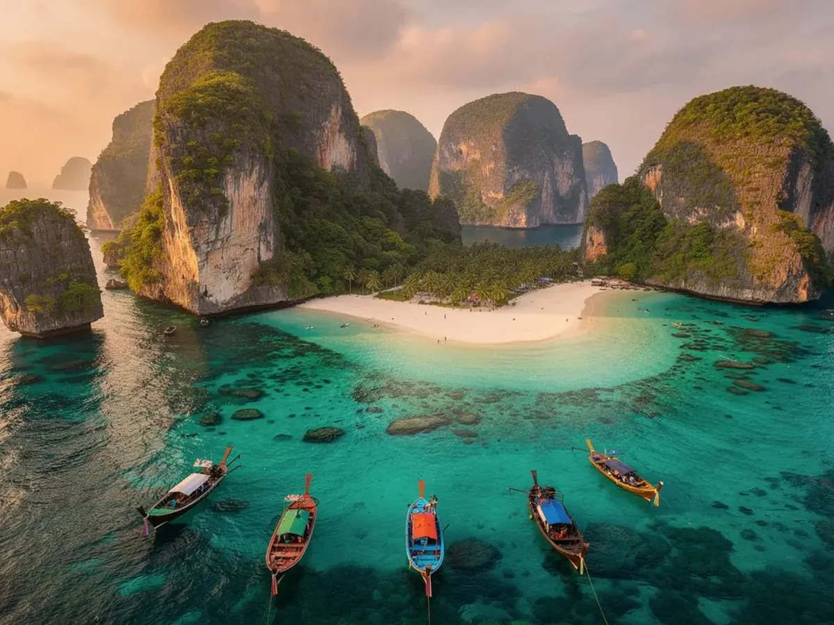 Ilhas de calcário e barcos longtail na costa de Phi Phi, Tailândia