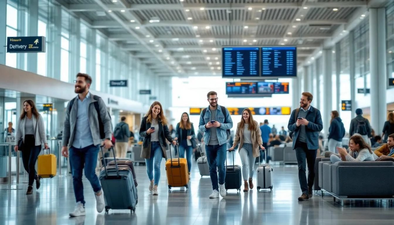 Grupo de pessoas felizes caminhando em um aeroporto moderno, prontas para embarcar em uma nova viagem.