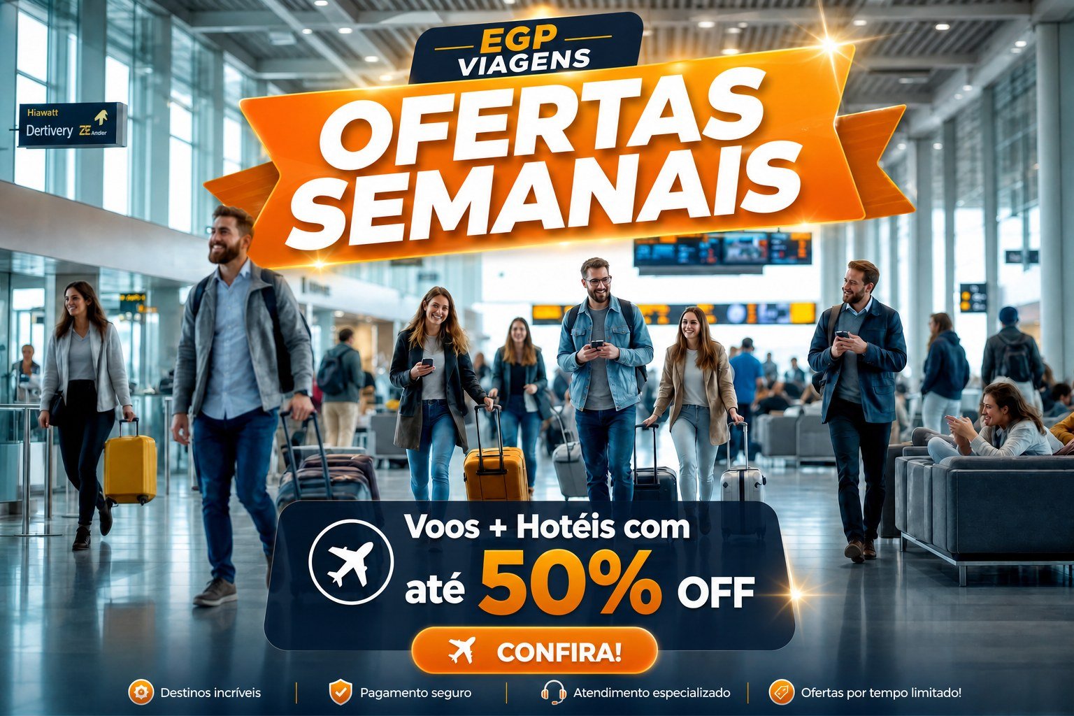 Banner Ofertas Semanais EGP Viagens: voos e hotéis com até 50% de desconto.