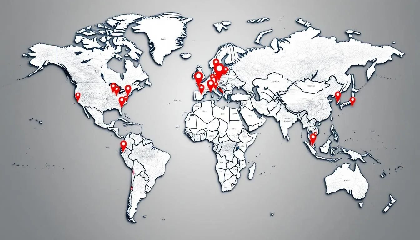 Mapa-múndi com diversos pontos de destino ao redor do mundo destacados.