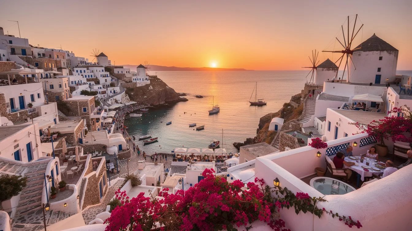 Ruas e casas brancas de Mykonos, na Grécia