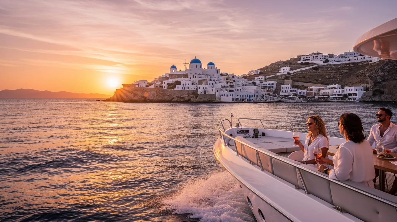 Passeio de Barco com Festa em Mykonos, Grécia, para ver o Melhor Pôr do Sol no Mar Egeu na Grécia por apenas 10X R$39,90