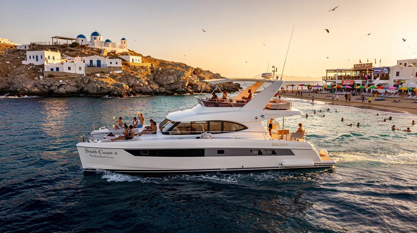 Passeio de Barco em Mykonos, Grécia: Explore a Costa Sul e Paradise Beach por apenas 10X R$39,90