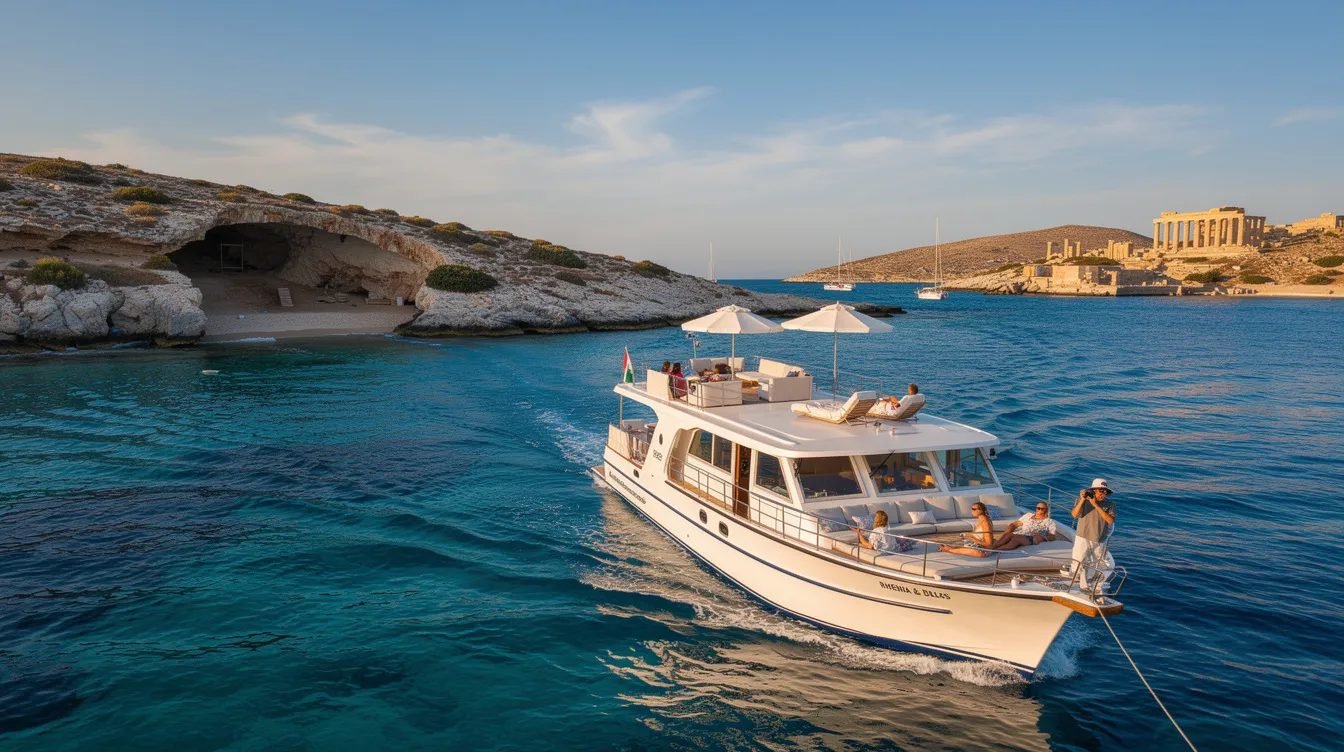 Passeios na Grécia: Cruzeiro de 6h em Mykonos pelas Ilhas Cíclades: Rhenia e Delos com Almoço a Bordo por apenas 10X R$59,90 – um dos melhores passeios em Mykonos
